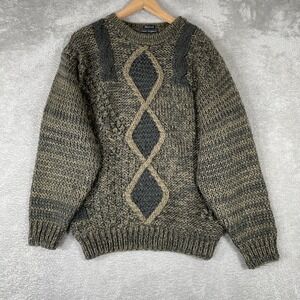 Peter England Sweater Mens Medium Green Geometric‎ Chunky Knit Handmade Vintage